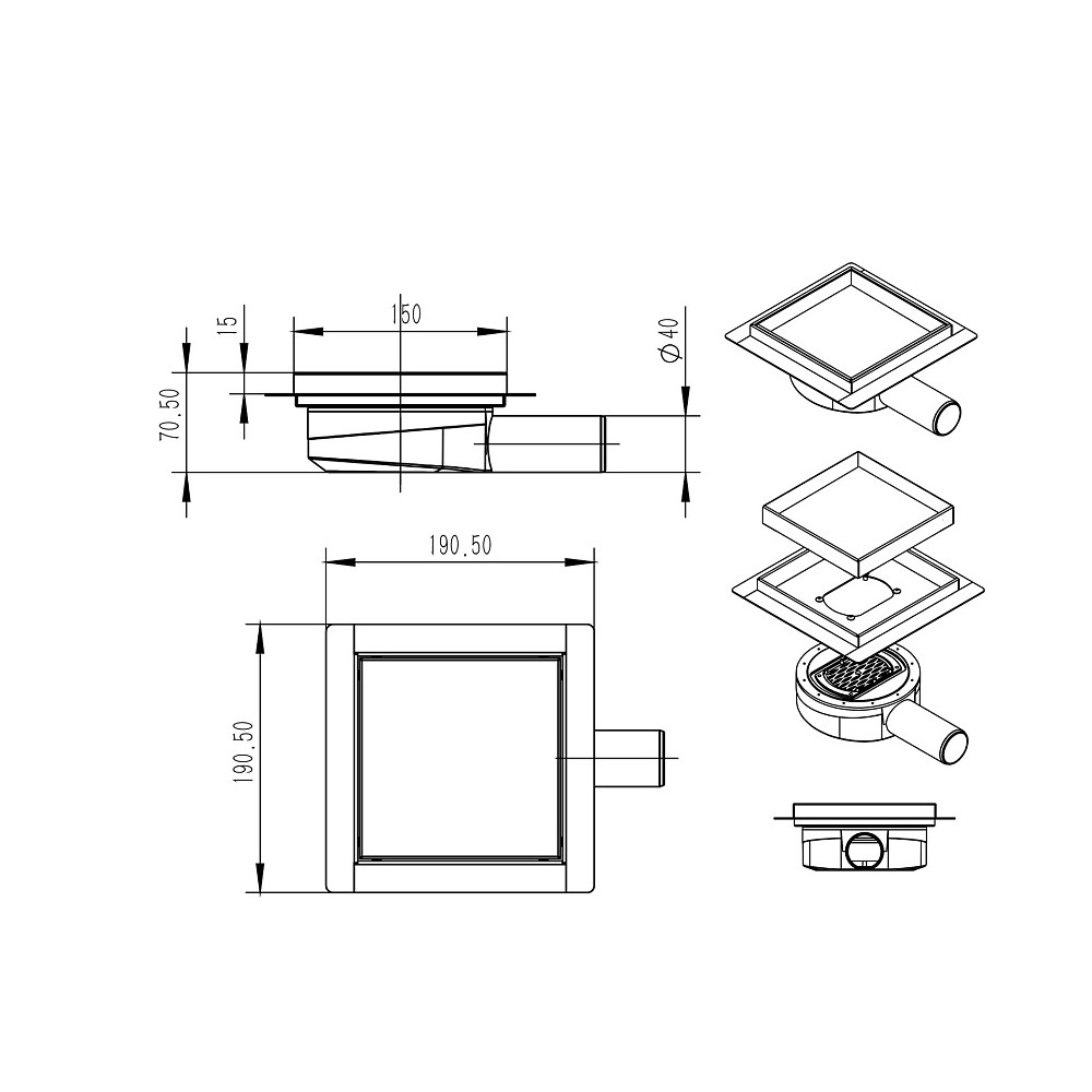 Трап для душа Azario (Азарио) металлический 360 под плитку горизонтальный выпуск 150х150 мм хром AZZ3TILE150