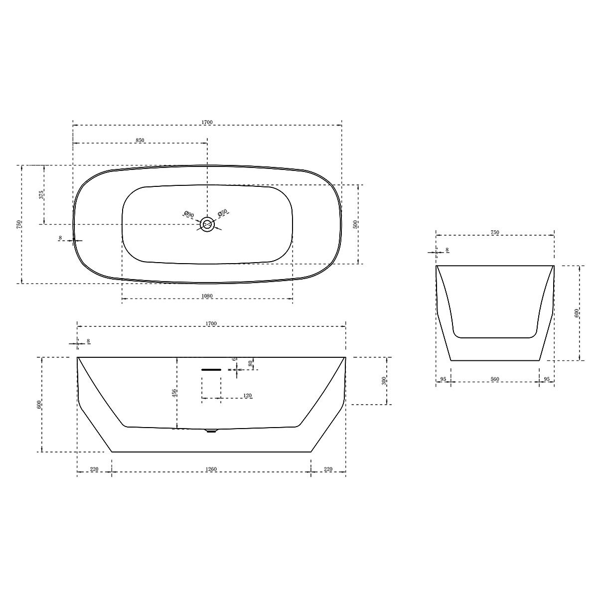 Ванна акриловая Vincea (Винчея) VBT-630, 1700х750х600 мм, цвет белый, слив-перелив в комплекте, белый