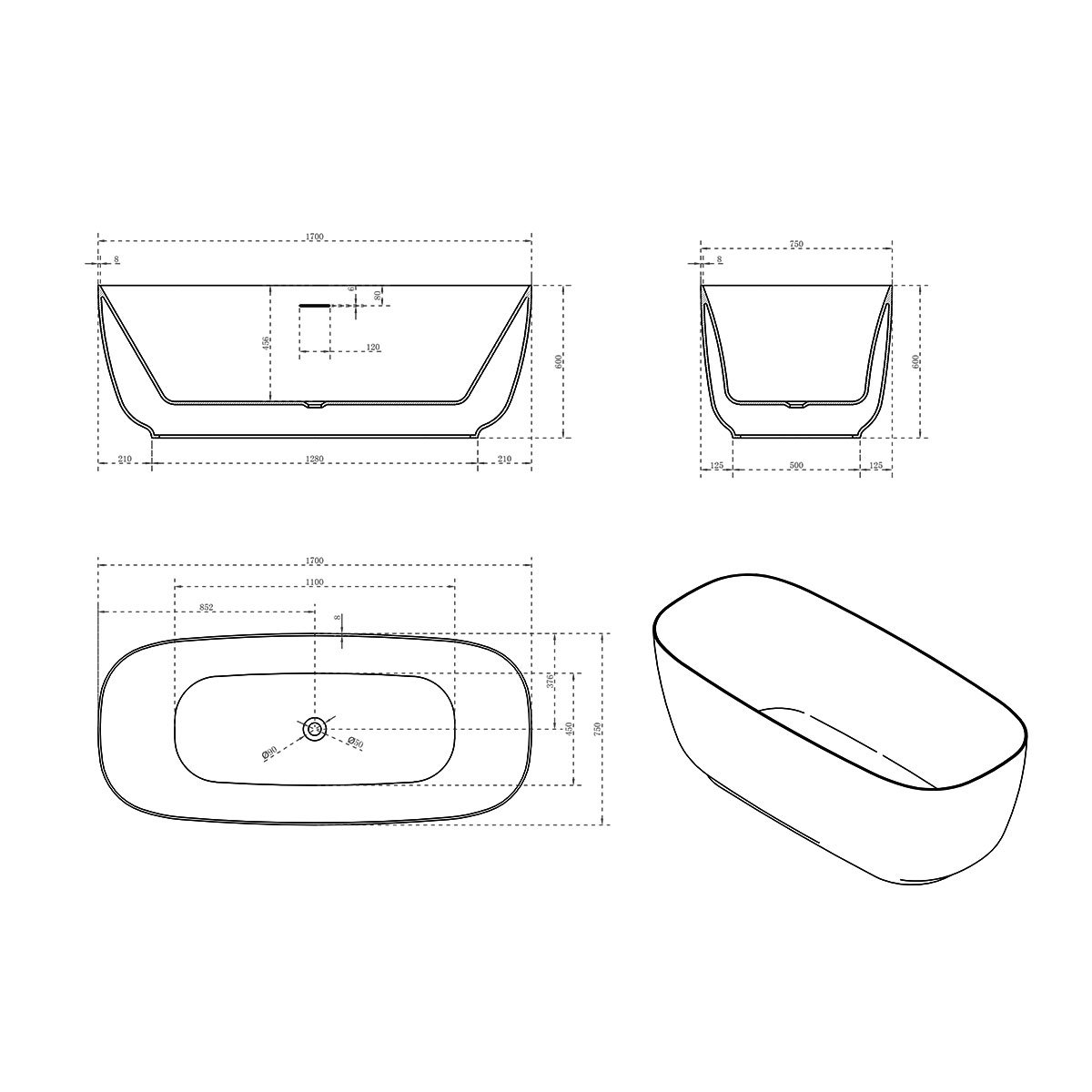 Ванна акриловая Vincea (Винчея) VBT-631, 1700х750х600 мм, цвет белый, слив-перелив в комплекте, белый