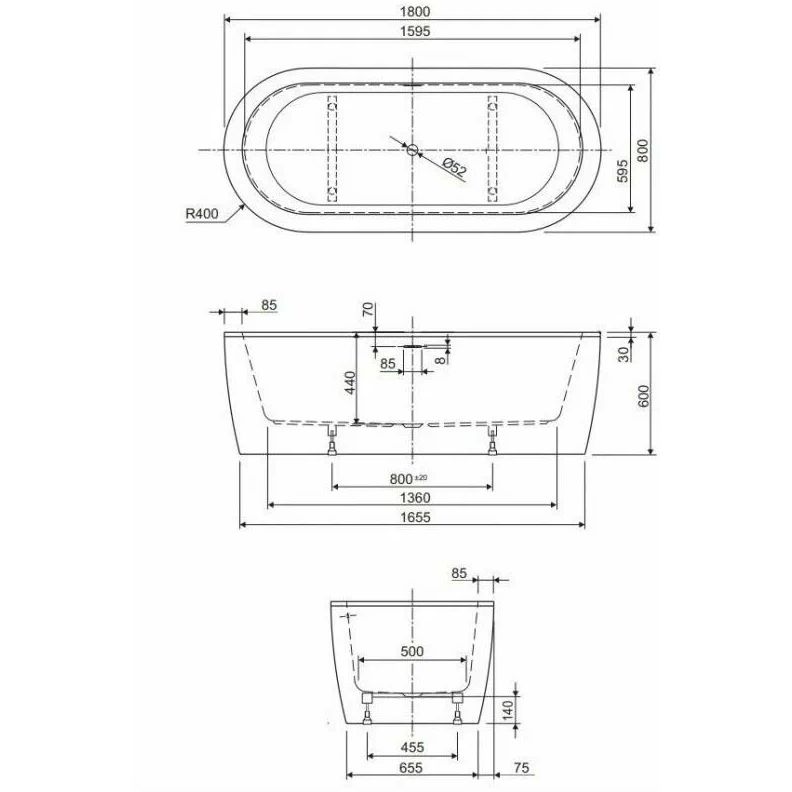 Акриловая ванна Cezares (Цезарис) пристенная Slim Wall-180-80-44-W37 180х80 см глубина 44 см