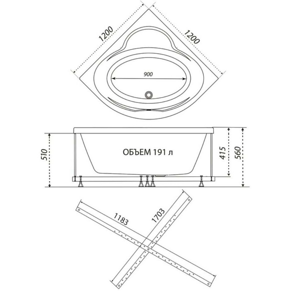 Ванна обрезная угловая Тритон (Triton) акриловая Мартин 1200х1200х560 мм (Щ0000045647) (без монтажного комплекта/ножек)