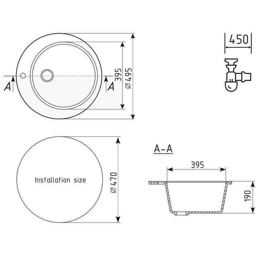 Мойка кухонная Ulgran (Улгран) из искусственного мрамора круглая U-405, цвет: серый, база: 47х47 см, арт. U-405-310