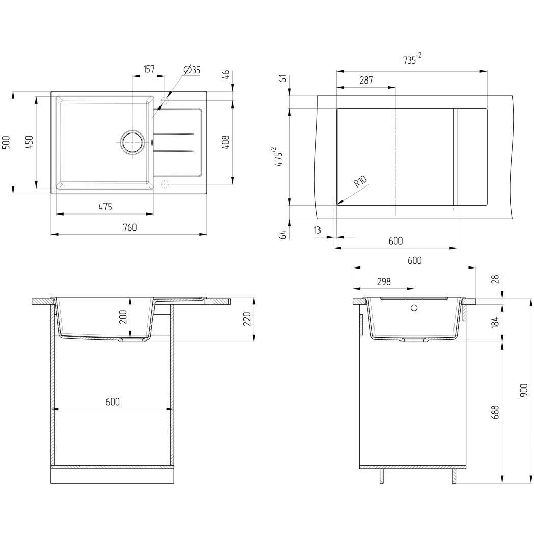 Мойка кухонная Ulgran (Улгран) из искусственного мрамора прямоугольная U-602, цвет: песочный, база: 47.5х43.5 см, арт. U-602-302