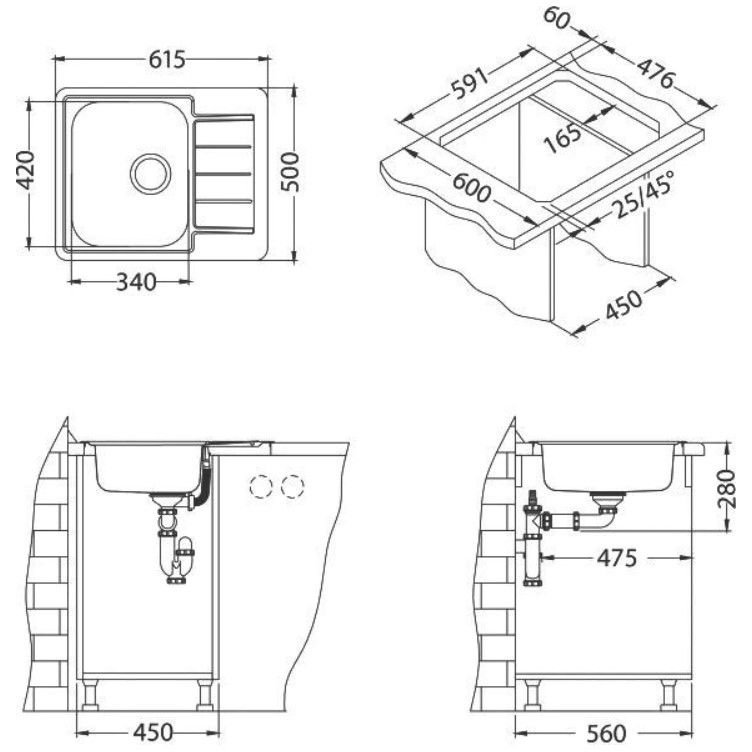 Мойка кухонная прямоугольная Alveus (Алвеус) Line 110 Нержавеющая сталь NAT (1122317) с сифоном