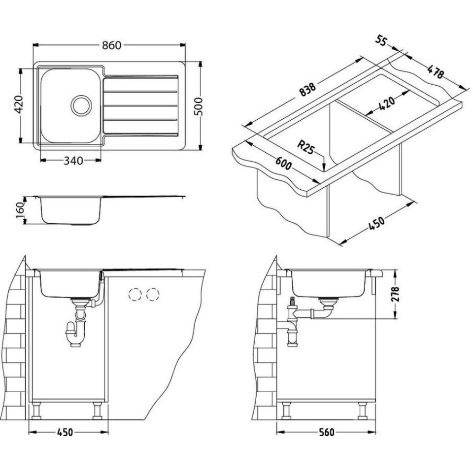 Мойка кухонная прямоугольная Alveus (Алвеус) Line 20 Нержавеющая сталь NAT (1065560) с сифоном