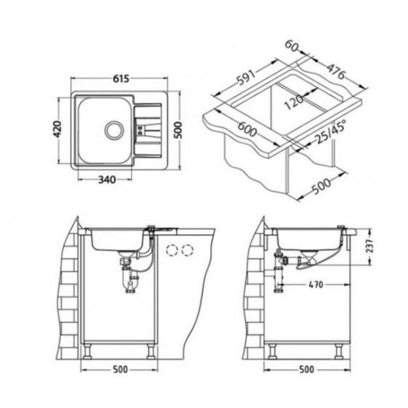 Мойка кухонная прямоугольная Alveus (Алвеус) Line 60 Нержавеющая сталь NAT (1065681) с сифоном 1064388