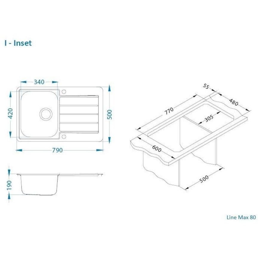 Мойка кухонная прямоугольная Alveus (Алвеус) Line Max 80 Нержавеющая сталь SAT (1136608) с сифоном 1064393