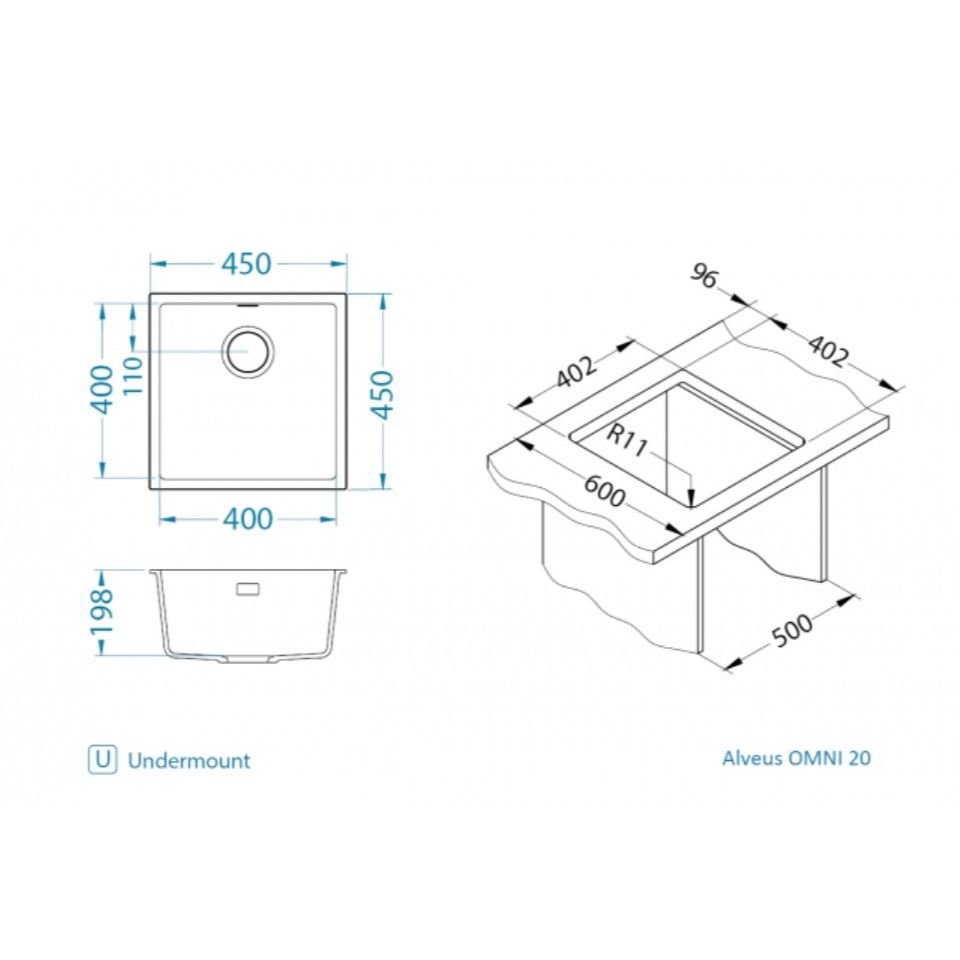 Мойка кухонная квадратная Alveus (Алвеус) Granital Omni 20 Arctic-G11 (1150044) с сифоном 1145083