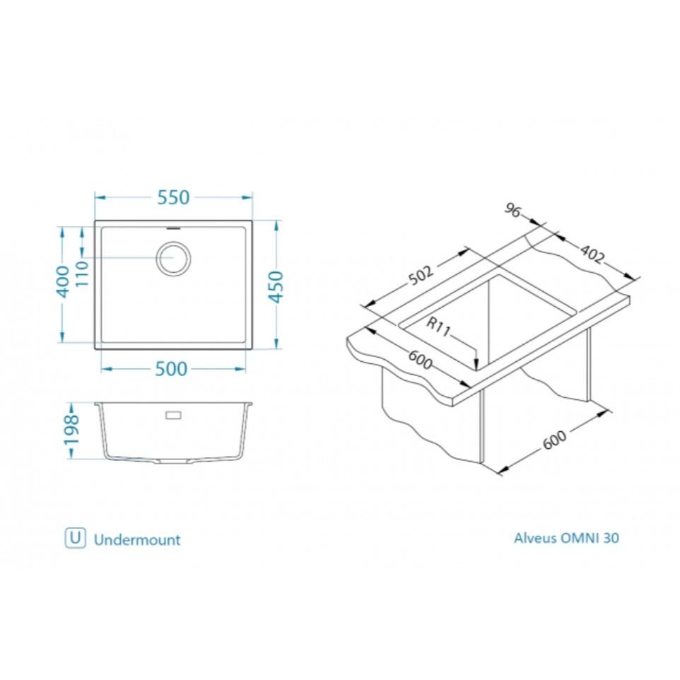 Мойка кухонная прямоугольная Alveus (Алвеус) Granital Omni 30 Deep Black-G90 BE (1150057) с сифоном 1148151