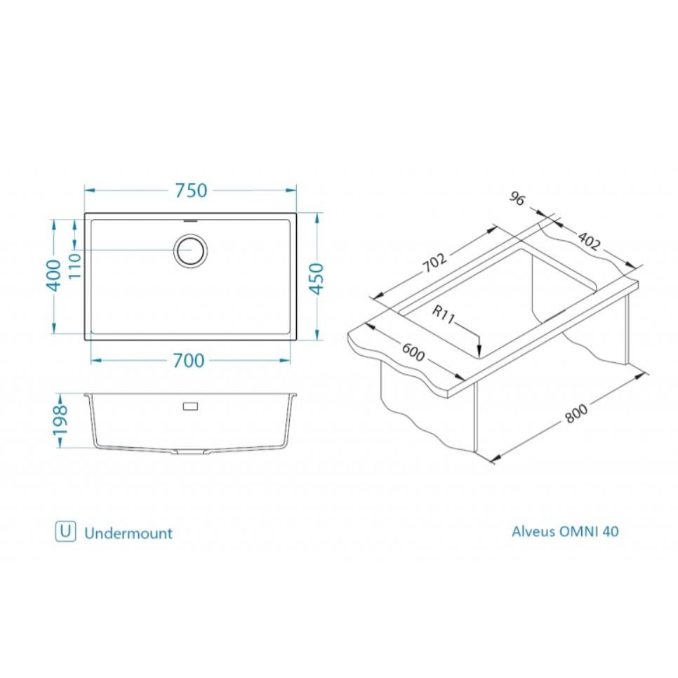 Мойка кухонная прямоугольная Alveus (Алвеус) Granital Omni 40 Deep Black-G90 BE (1150064) с сифоном 1148151