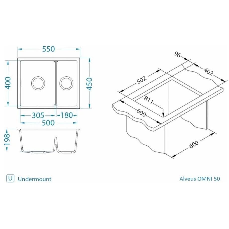 Мойка кухонная прямоугольная Alveus (Алвеус) Granital Omni 50 Arctic-G11 (1150065) с сифоном 1145083