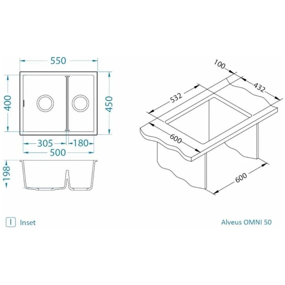 Мойка кухонная прямоугольная Alveus (Алвеус) Granital Omni 50 Arctic-G11 (1150065) с сифоном 1145083