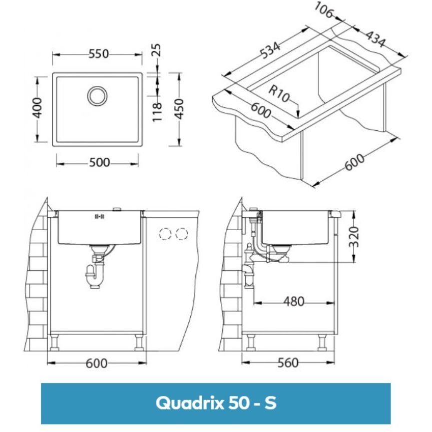 Мойка кухонная прямоугольная Alveus (Алвеус) Quadrix 50 BRS (1102606) с сифоном