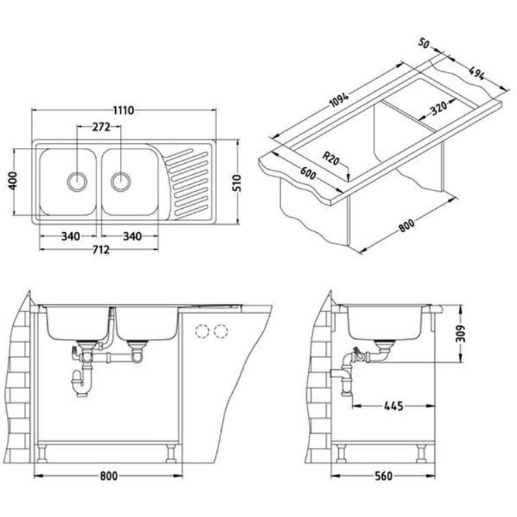 Мойка кухонная прямоугольная Alveus (Алвеус) Elegant 70 Нержавеющая сталь Satin (1009386) с сифоном