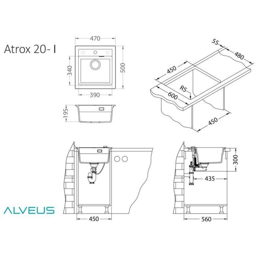 Мойка кухонная квадратная Alveus (Алвеус) Granital Atrox 20 Beige-G55 (1131988) с сифоном