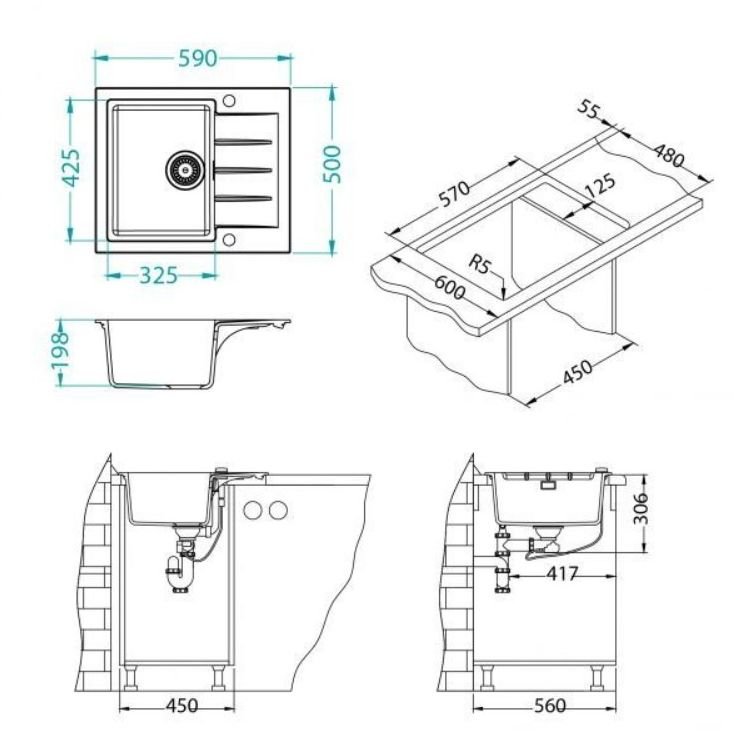 Мойка кухонная прямоугольная Alveus (Алвеус) Granital Cadit 10 Beige-G55 (1132019) с сифоном