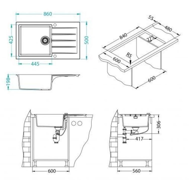 Мойка кухонная прямоугольная Alveus (Алвеус) Granital Cadit 40 Terra-G22 (1132028) с сифоном