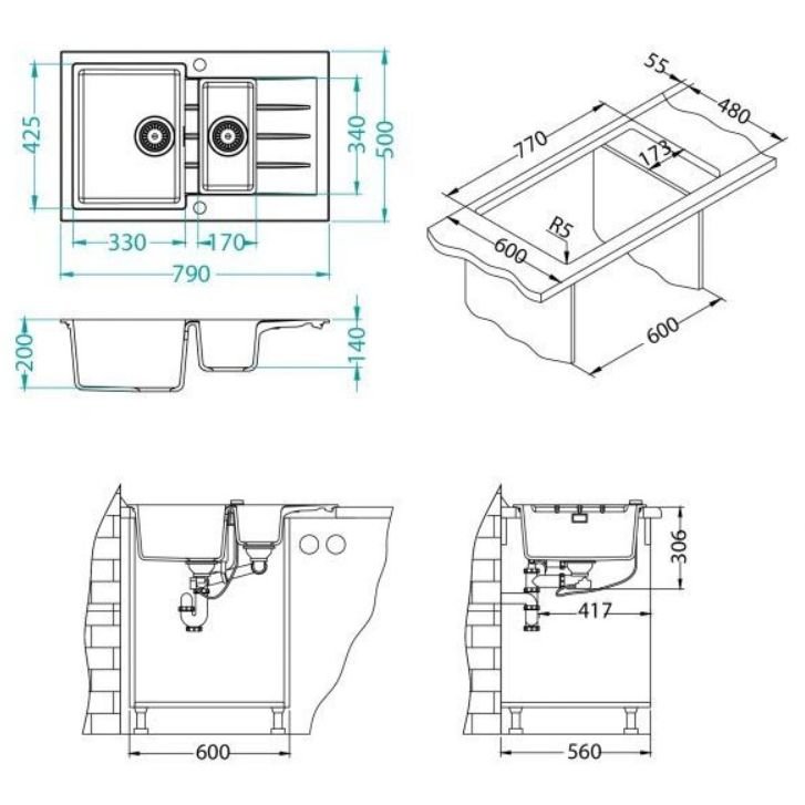 Мойка кухонная прямоугольная Alveus (Алвеус) Granital Cadit 70 Carbon-G91 (1131361) с сифоном