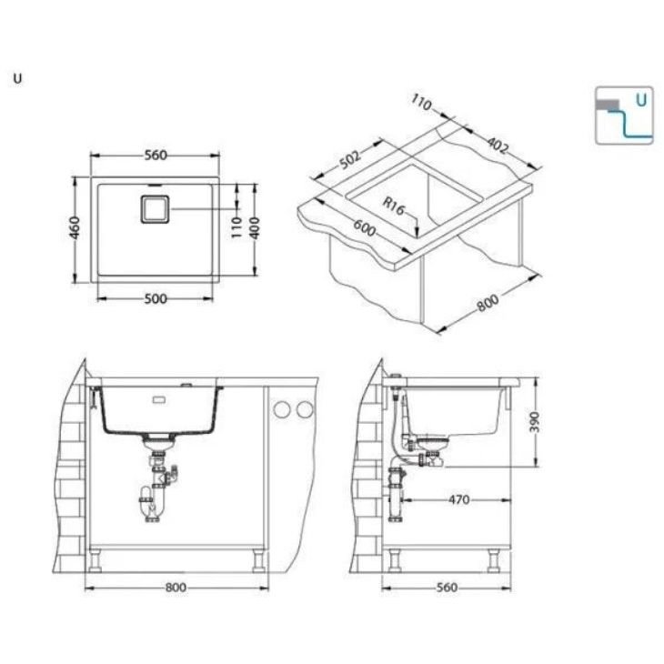 Мойка кухонная прямоугольная Alveus (Алвеус) Granital Plus Quadrix 50 Steel-G04M (1108037) с сифоном