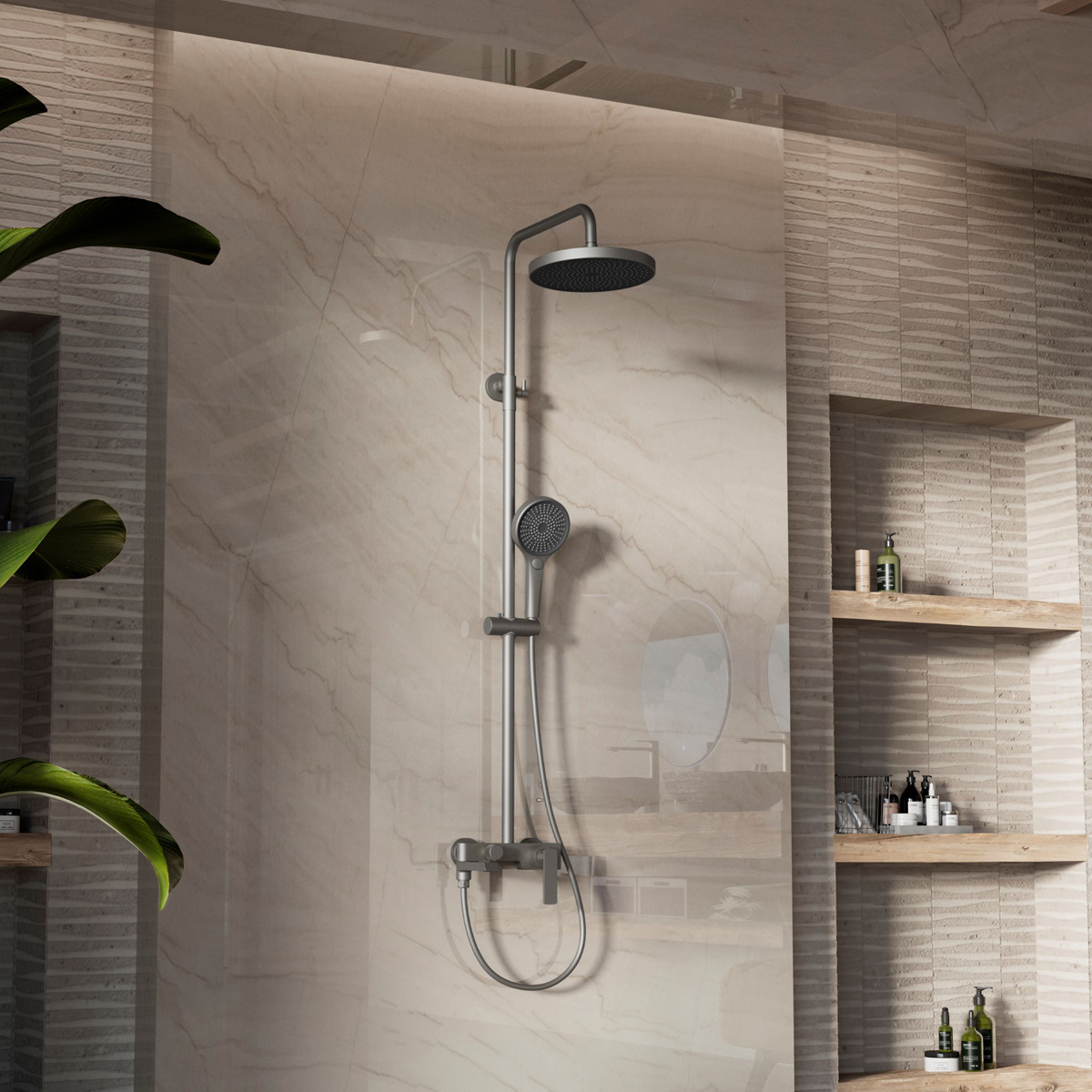 Душевая стойка Vincea (Винчея) VSFS-413GM с изливом, вороненая сталь