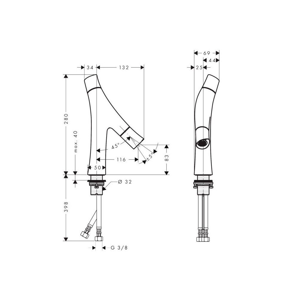 Смеситель для раковины Axor (Аксор) Starck Organic, с двумя рукоятками, 80, с незапираемым сливным набором, 12011000 хром