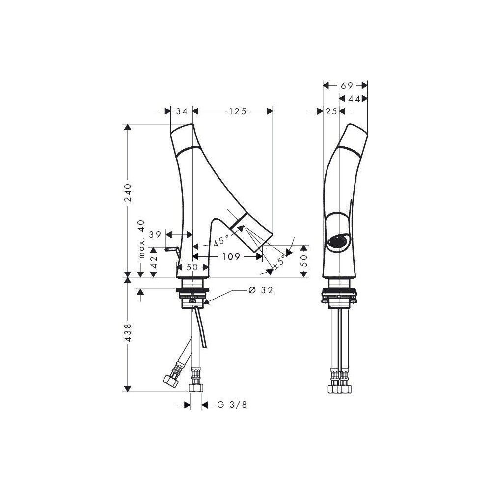 Смеситель для маленькой раковины Axor (Аксор) Starck Organic 50, с двумя рукоятками, 12014000 хром