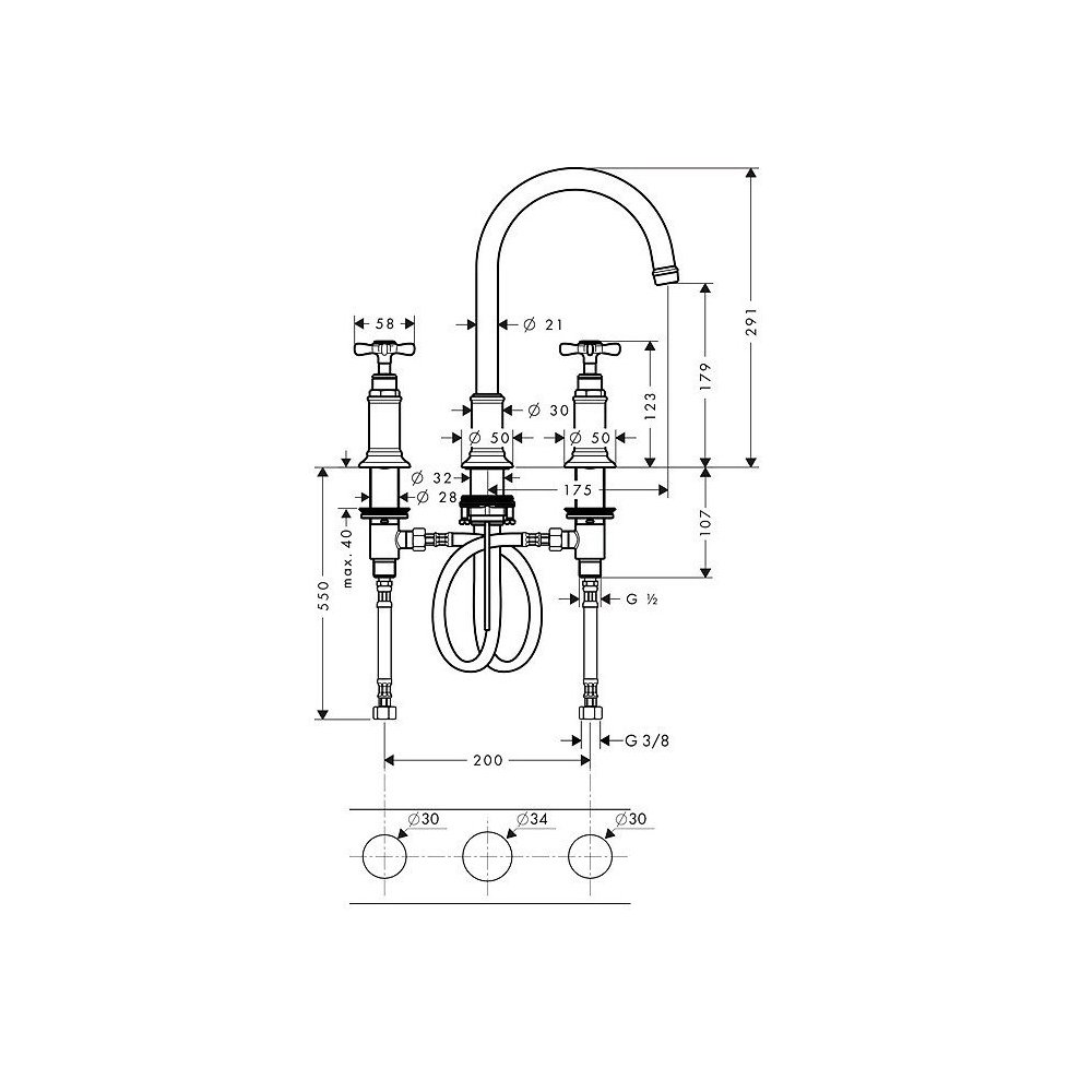 Смеситель для раковины Axor (Аксор) Montreux, на 3 отверстия, со сливным гарнитуром, 16513990 полированное золото