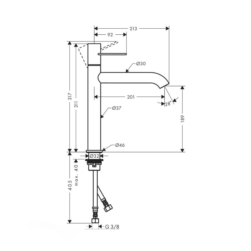 Смеситель для раковины Axor (Аксор) Uno, однорычажный, 190, с рукояткой-петлей, с незапираемым сливным набором, 38032000 хром