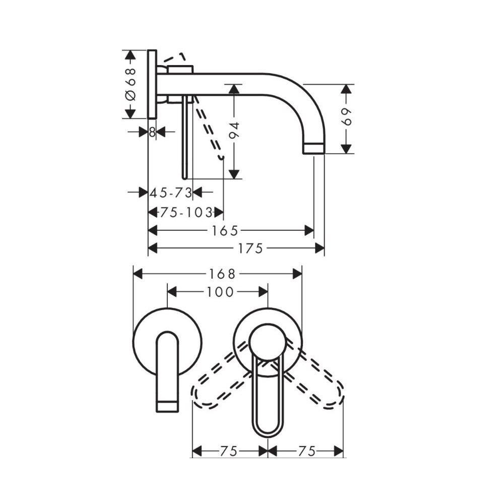 Смеситель для раковины Axor (Аксор) Uno, однорычажный, настенный, 38121000 хром