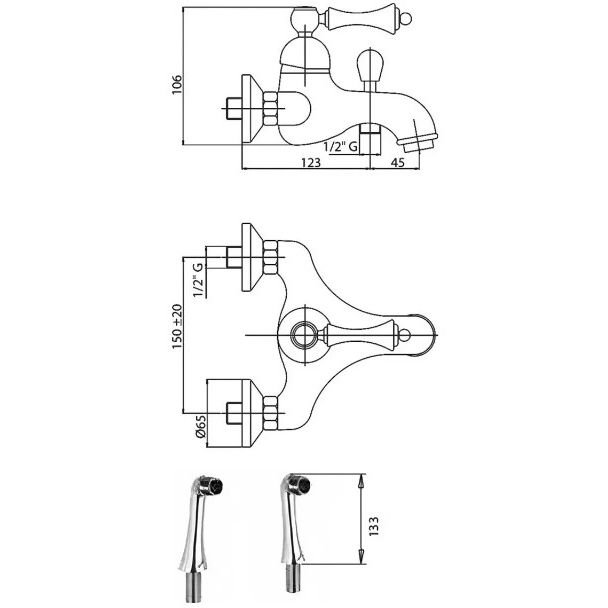 Смеситель на борт ванны Cezares (Цезарис) однорычажный с ручным душем, исполнение золото, ручка золото MARGOT-PBVM-03/24-M