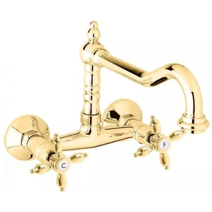 Кухонный смеситель Cezares (Цезарис) настенного монтажа золото, ручки золото NOSTALGIA-LLP-03/24