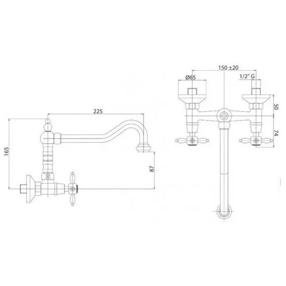 Кухонный смеситель Cezares (Цезарис) настенного монтажа золото, ручки золото NOSTALGIA-LLP-03/24
