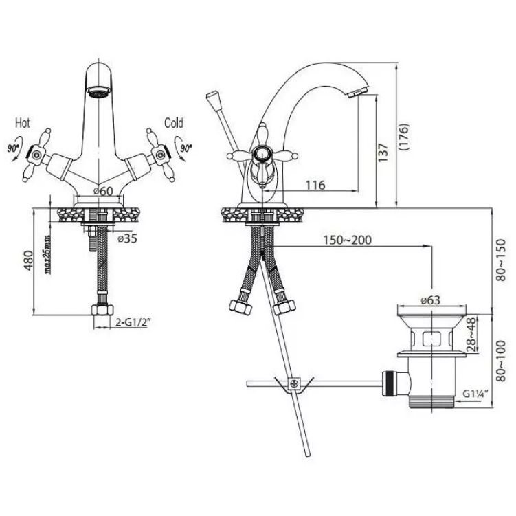 Смеситель для раковины Cezares (Цезарис) с донным клапаном бронза, ручки бронза NOSTALGIA-LS1-02