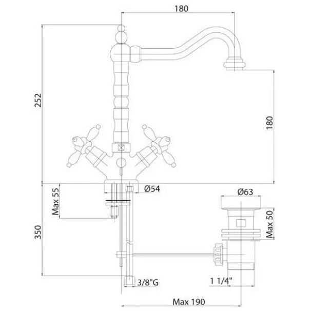 Смеситель для раковины Cezares (Цезарис) с донным клапаном золото, ручки золото NOSTALGIA-LS2-03/24