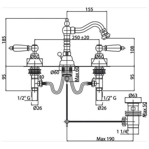 Смеситель для биде Cezares (Цезарис) на три отверстия с донным клапаном, золото, ручки Swarovski DIAMOND-BBS2-03/24-Sw