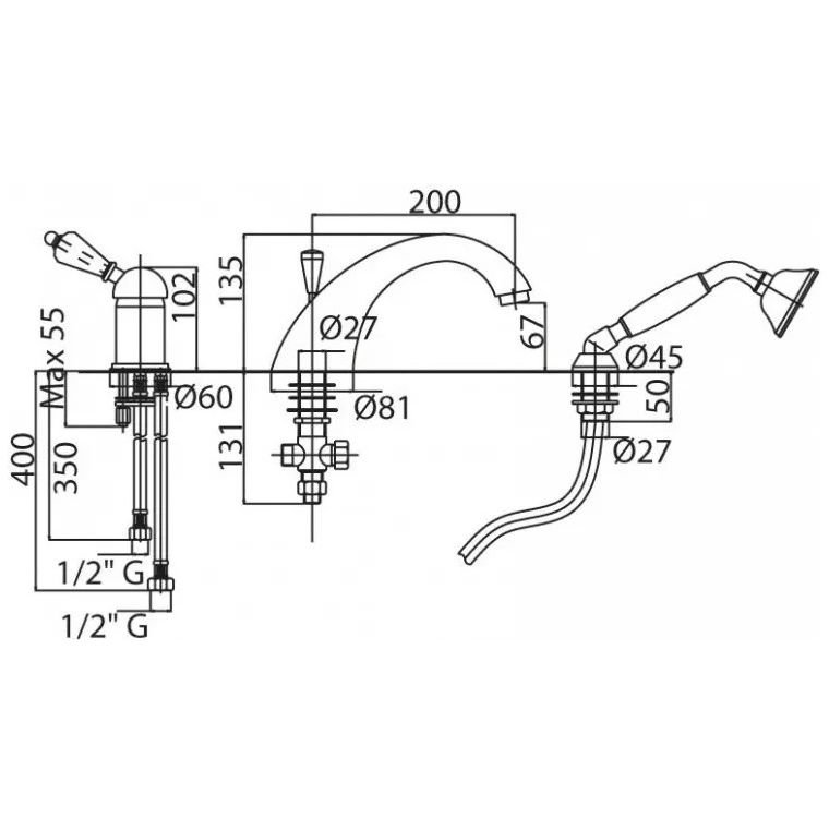 Смеситель на борт ванной Cezares (Цезарис) однорычажный с выдвижным душем и переключателем, золото VINTAGE-BVDM-03/24-Sw