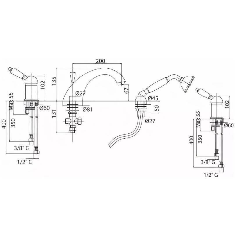 Смеситель на борт ванны Cezares (Цезарис) однорычажный с выдвижным душем и переключателем, золото ELITE-BVDM-03/24-Nc