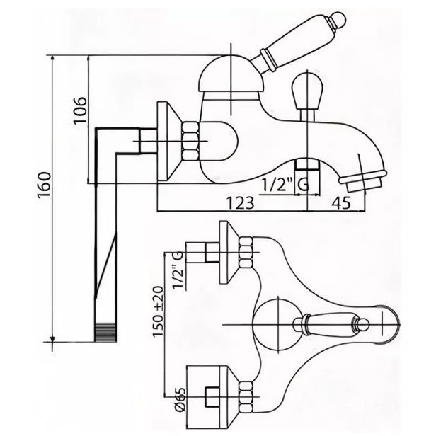 Смеситель на борт для ванны и душа Cezares (Цезарис) однорычажный, исполнение золото, ручка белая ELITE-PBVM-03/24-M