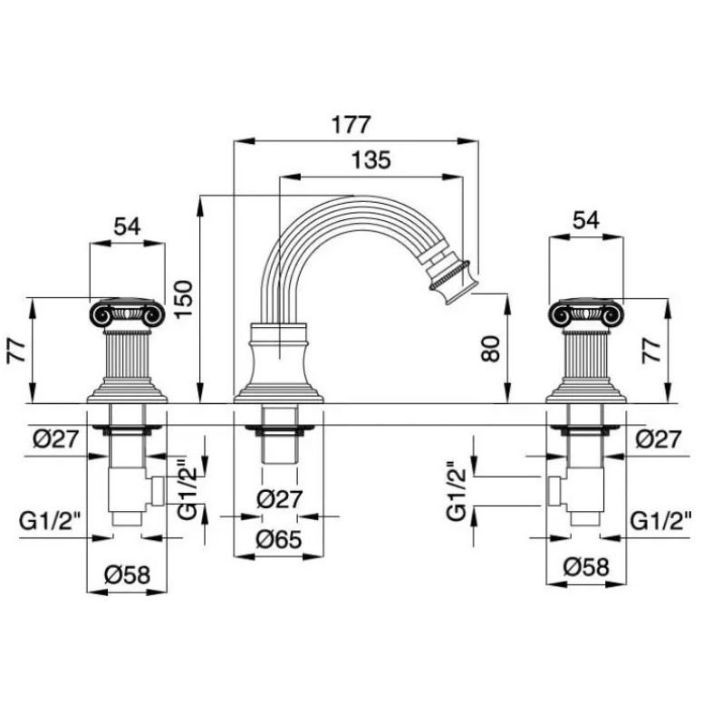 Смеситель для биде Cezares (Цезарис) на три отверстия с донным клапаном, хром OLIMP-BBS2-01-M