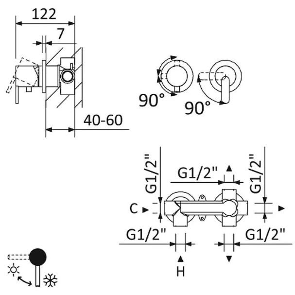 Встраиваемый Смеситель для ванны и душа Cezares (Цезарис) с переключателем на 3 выхода, в комплекте с ручным душем, исполнение Хром LEAF-VDIM3-D-L-01