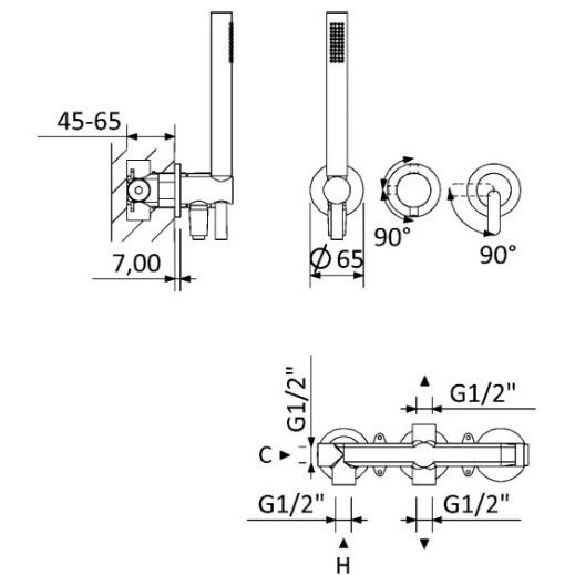 Встраиваемый Смеситель для душа Cezares (Цезарис) с переключателем на 3 выхода, в комплекте с ручным душем, исполнение Черный матовый LEAF-DIM3-D-L-NOP