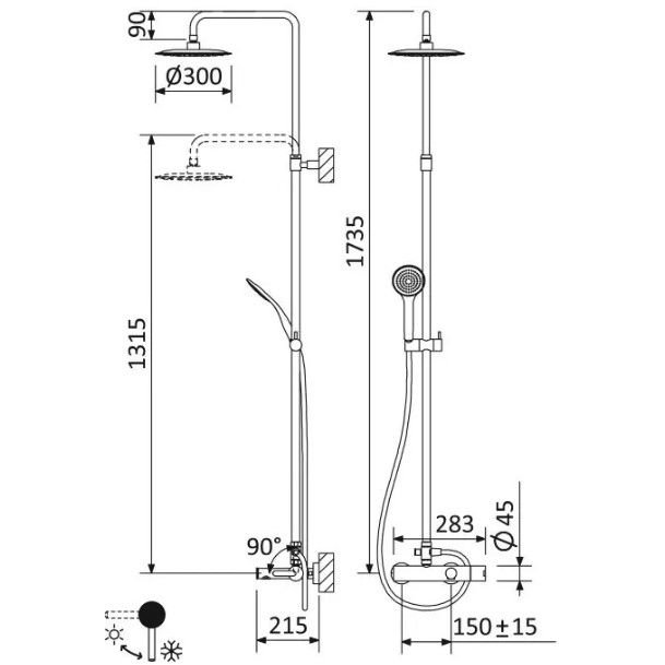 Душевая стойка телескопическая Cezares (Цезарис), со смесителем с верхним и ручным душем, верхний душ диаметр 300 мм металл, исполнение Хром LEAF-CVDA-30-L-01