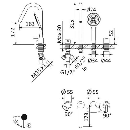 Смеситель на борт ванны Cezares (Цезарис) врезной, на 4 отверстия, исполнение Хром LEAF-BVDM4-L-01