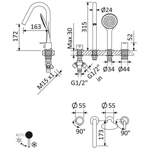 Смеситель на борт ванны Cezares (Цезарис) врезной, на 4 отверстия, исполнение Черный матовый LEAF-BVDM4-L-NOP