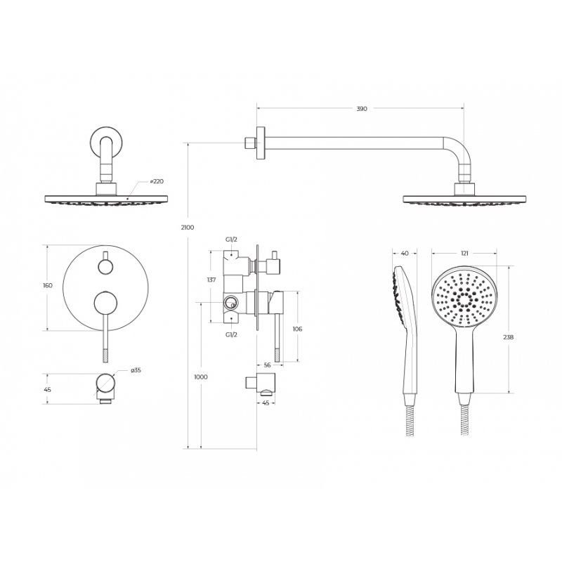 Душевой комплект встраиваемый Cezares (Цезарис) (смеситель встраиваемый, верхний душ, ручной душ со шлангом, штуцер с держателем), хром RELAX-DSET-01
