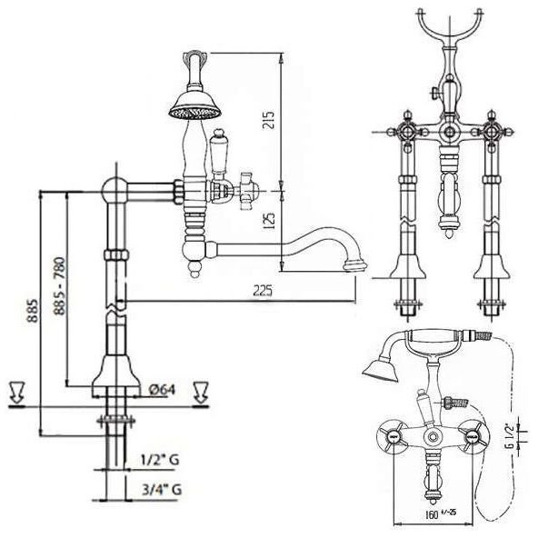 Напольный Смеситель для ванны Cezares (Цезарис) с поворотным изливом и ручным душем, Золото, ручка ручного душа Золото LORD-VDP2-03/24-M