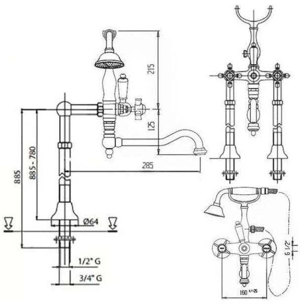 Напольный Смеситель для ванны Cezares (Цезарис) с поворотным изливом и ручным душем, с кронштейном для слива-перелива, Золото, ручка ручного душа Золото LORD-VDPS2-03/24-M