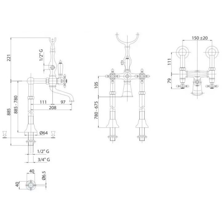 Напольный Смеситель для ванны Cezares (Цезарис) с ручным душем с кронштейном для слива-перелива, Золото, ручка ручного душа Золото LORD-VDPS-03/24-M