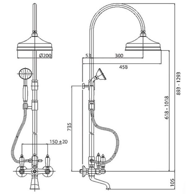 Душевая колонна Cezares (Цезарис) со смесителем для ванны,верхнего и ручного душа, бронза, ручки белые FIRST-CVD-02-Bi