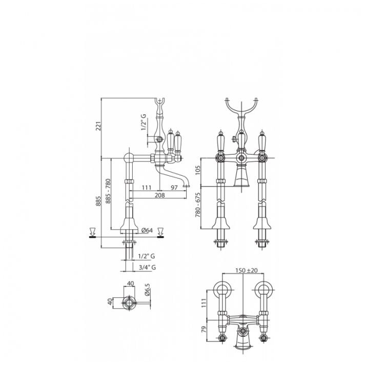 Напольный Смеситель для ванны Cezares (Цезарис) с ручным душем, исполнение золото, ручки золото FIRST-VDPS-03/24-M